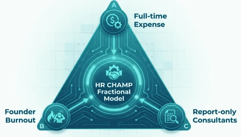 A diagnostic diagram showing the HR Gap Trap of tech scale-ups in MENA, GCC, Europe, and North America: The conflict between full-time executive overhead, founder-led DIY chaos, and report-only consultants, positioning the HR CHAMP Fractional Model as the solution to founder burnout and executive overhead.