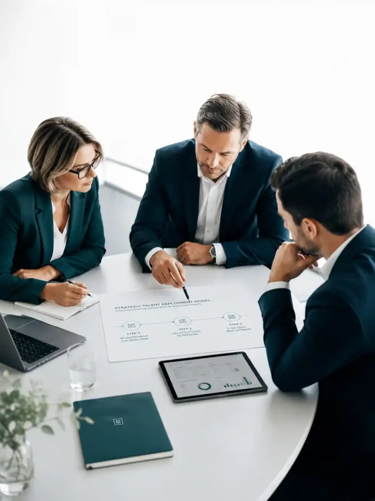 Executives reviewing a strategic talent deployment framework during an operational planning discussion.