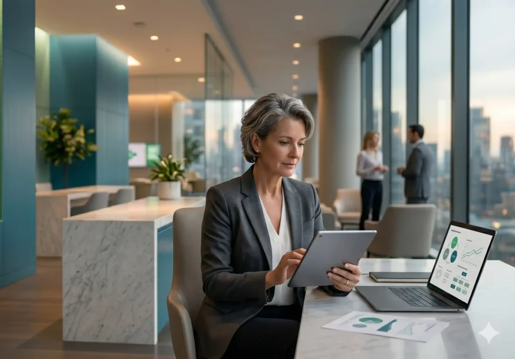 Senior executive reviewing strategic workforce intelligence and organizational decision frameworks within a modern executive workspace representing a structured 90-day intelligence deployment process.