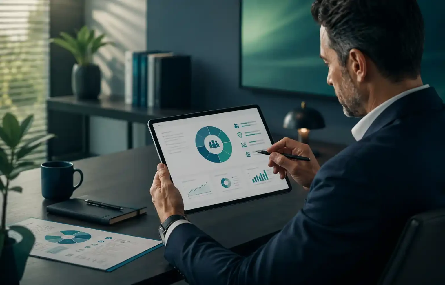 Senior executive reviewing strategic workforce intelligence and organizational insights on a digital tablet within a modern executive workspace.