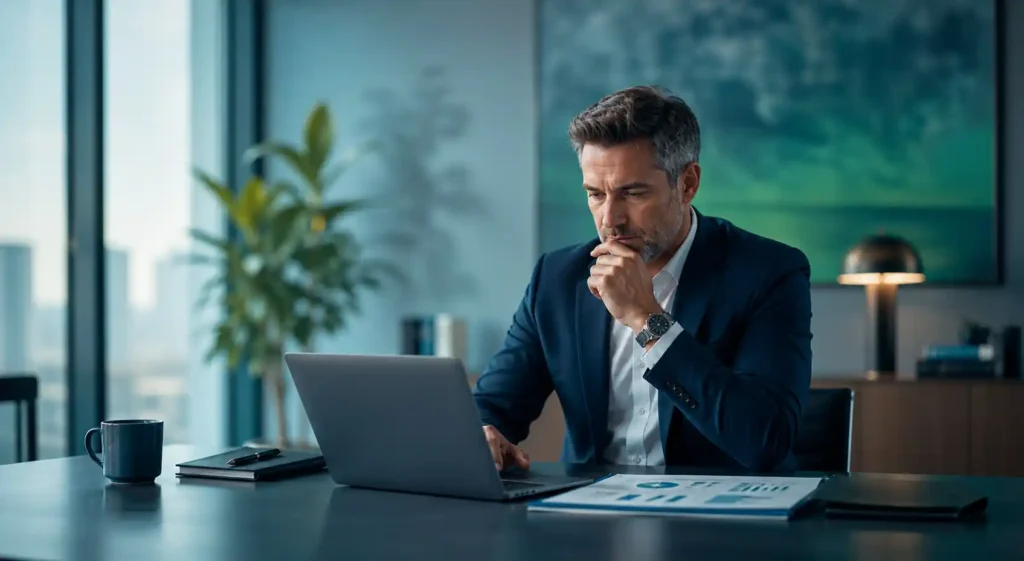 Senior executive reviewing organizational intelligence and strategic workforce insights within a modern executive workspace representing decision precision and leadership alignment.