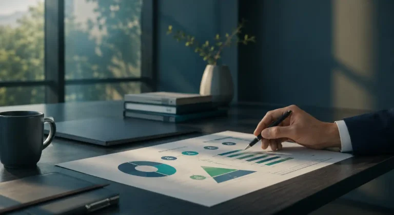 Executive workspace with strategic workforce intelligence reports and organizational analysis representing calibrated Talent Intelligence and decision precision.