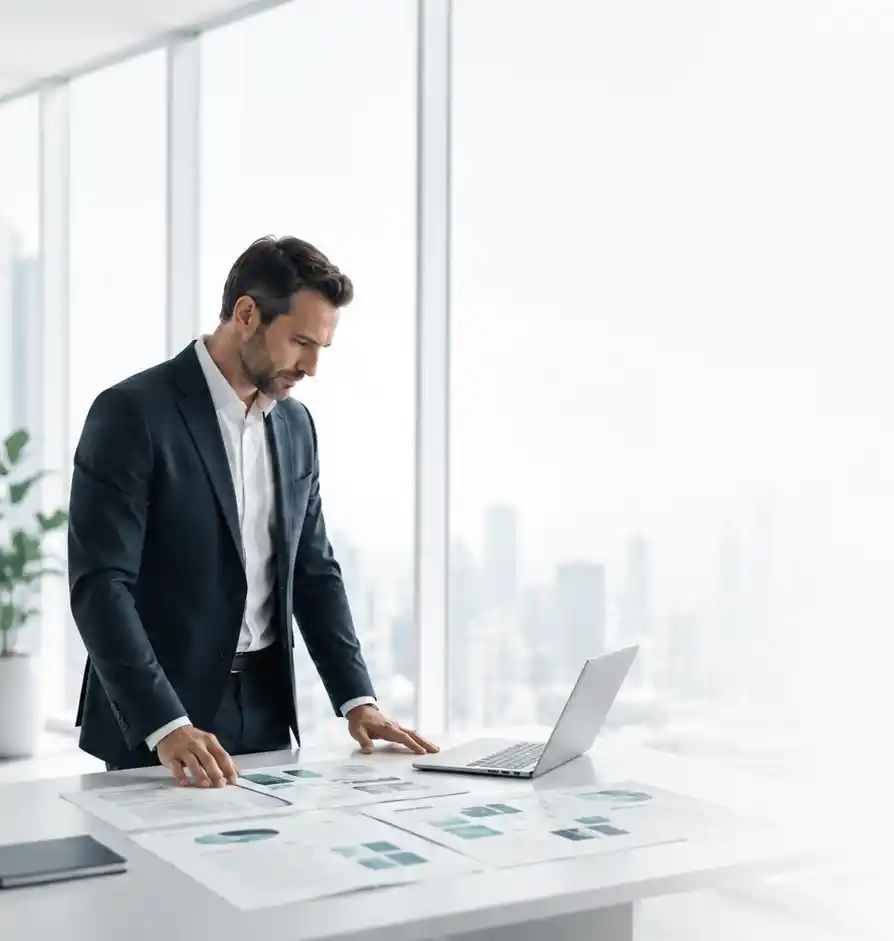 Executive reviewing organizational planning frameworks in a bright enterprise office environment.