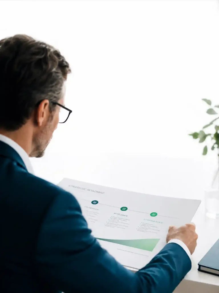 Executive reviewing strategic roadmap in a bright corporate office